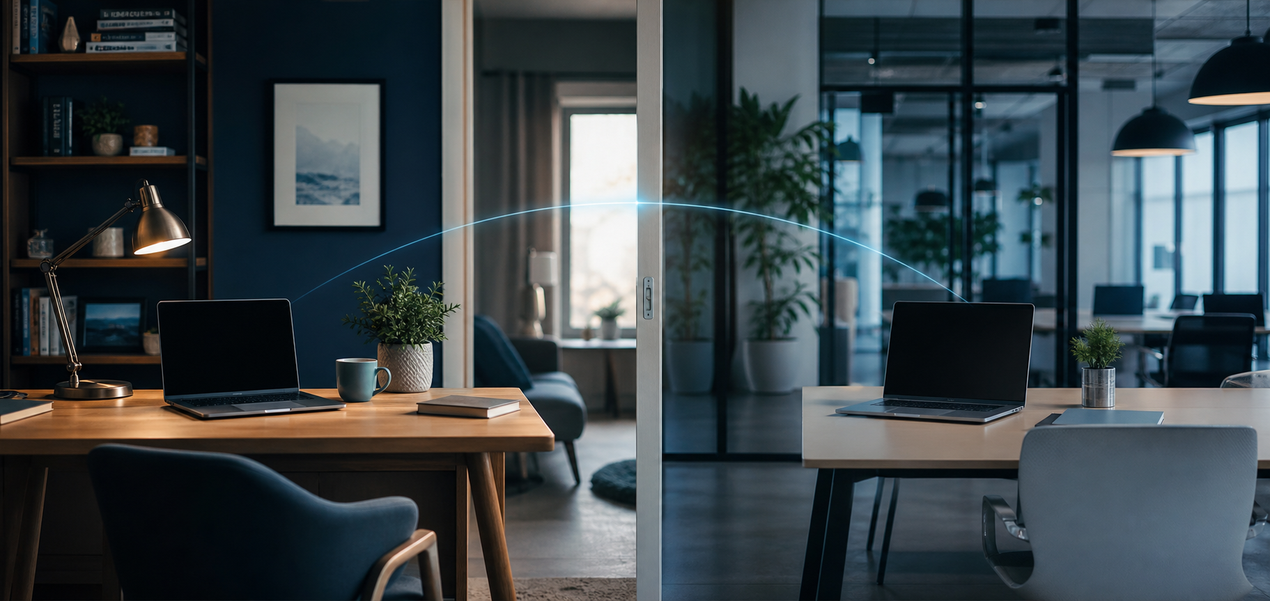 A home office and shared office connected by a subtle blue light motif